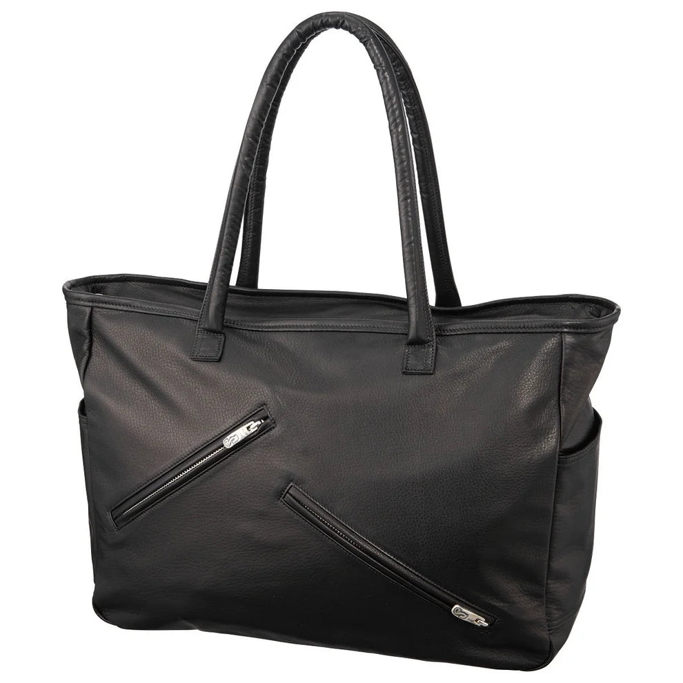 PC RIDERS LEATHER TOTE BAG L W/SILVER ZIPPER