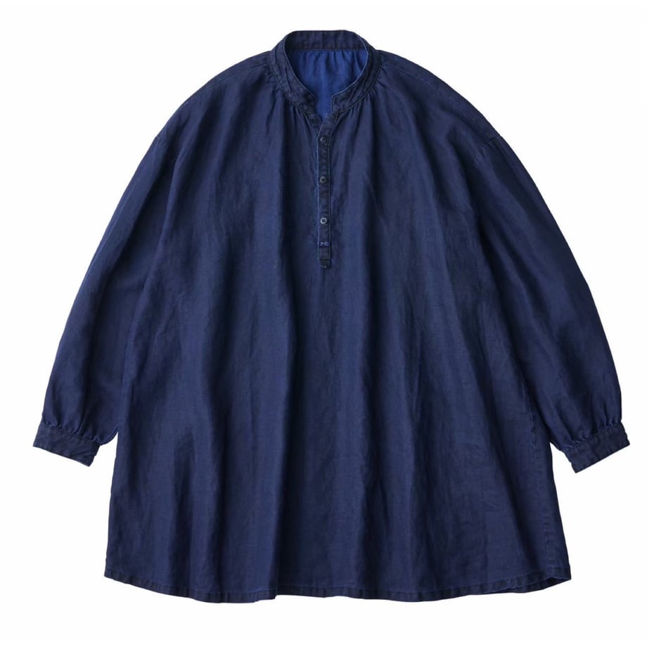 FARMER'S LINEN STAND COLLAR LONG SMOCK SHIRT